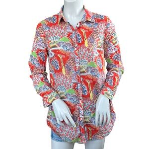 J. McLaughlin Red Tropical Bird Bold Lois Collared Button Down Shirt Size XS
